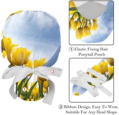 Orvosi Sapkák a Nők Gombok Hosszú Haj, 2 Darab Állítható Dolgozó Kap, Sárga Tulipán Virág