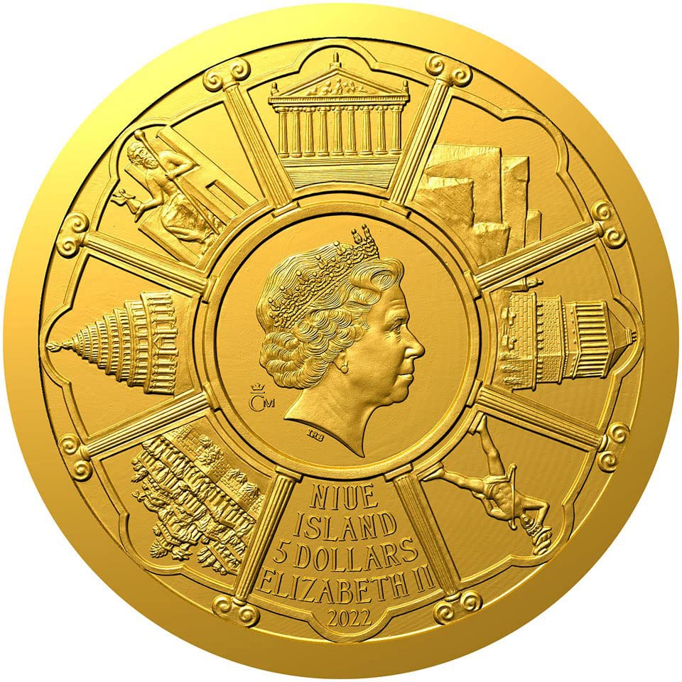 2022 DE Hét Csodája PowerCoin Szobor Zeusz Az Olimpia Az Ókori Világ 1/10 Oz Arany Érme 5$ Niue 2022 Bizonyíték